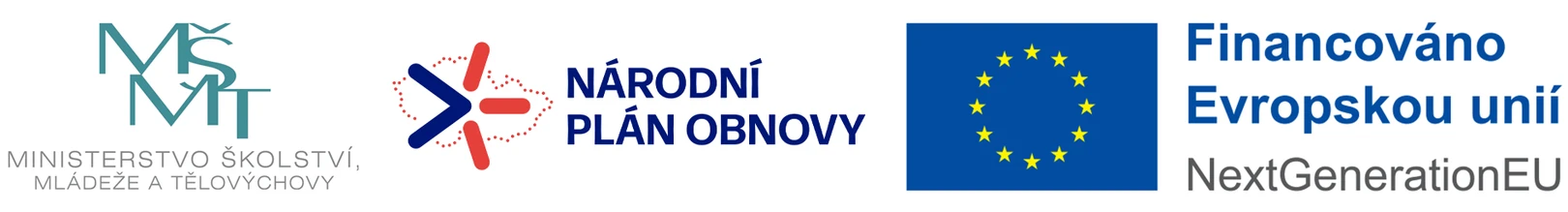 Loga: Ministerstvo školství, mládeže a tělovýchovy; Národní plán obnovy; Financováno Evropskou unií – Next Generation EU 